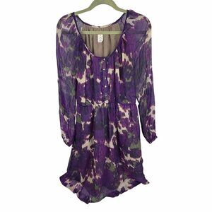 J.Crew Maisie Purple Abstract Floral 100% Silk Chiffon Dress Long-Sleeve Size 8